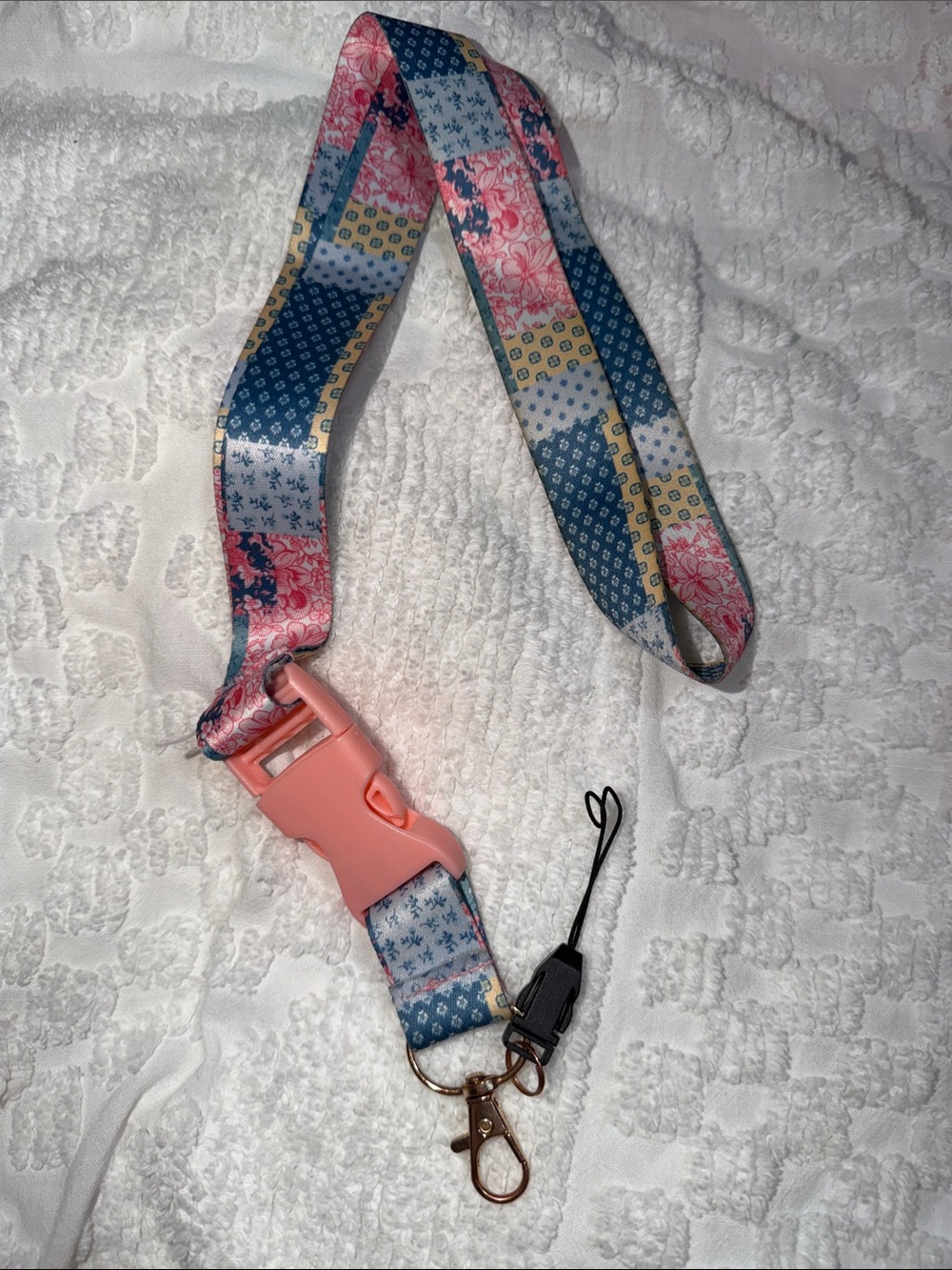 Simply Southern Patchwork Pink and Blue Lanyard with Rose Gold Hardware